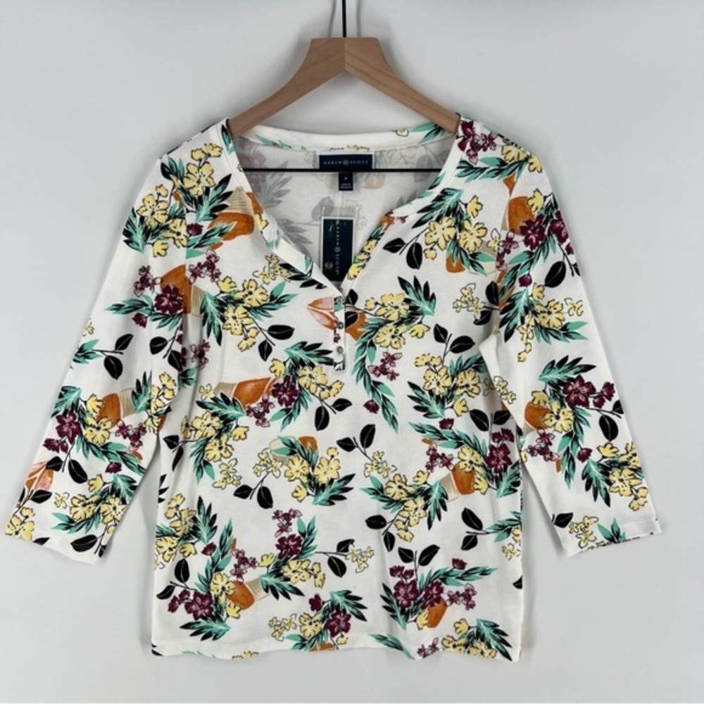 Karen Scott Womens Size M Floral Print 3/4 Sleeve Top